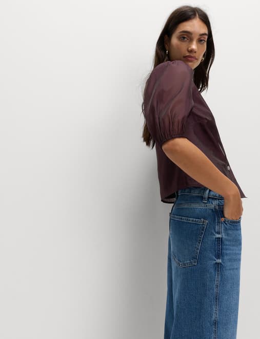 Organza Embellished Button Detail Top