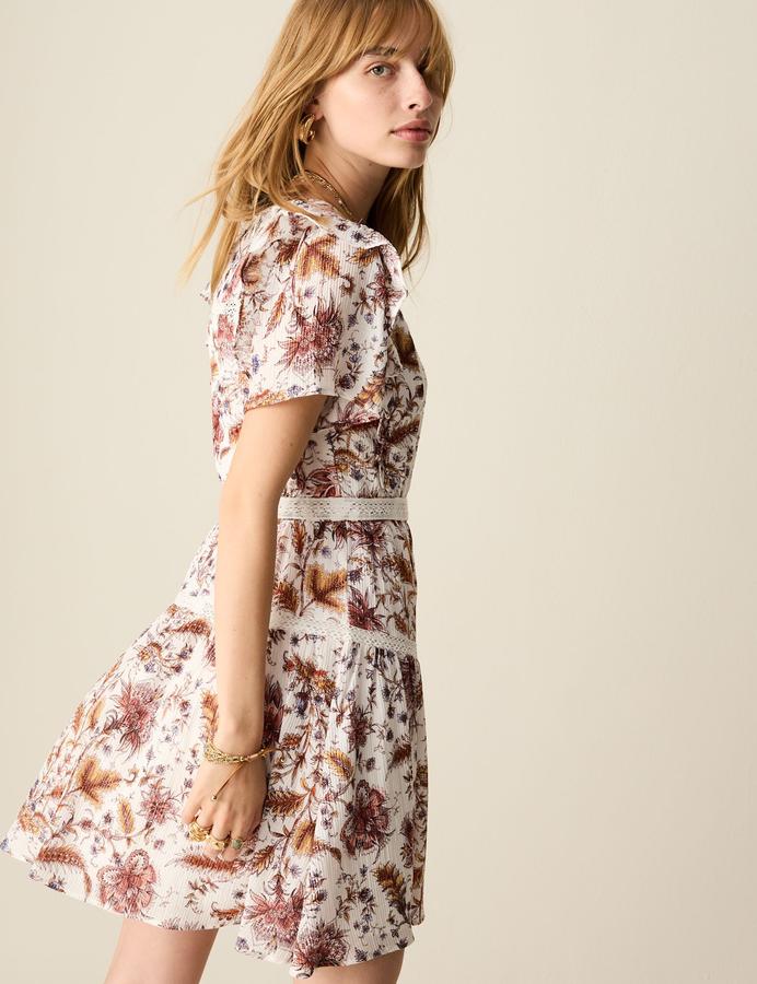 Printed V-Neck Ruffle Lace Insert Mini Dress