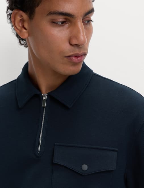 Cotton Blend Pique Half Zip Top