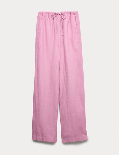 Pure Linen Drawstring Wide Leg Trousers