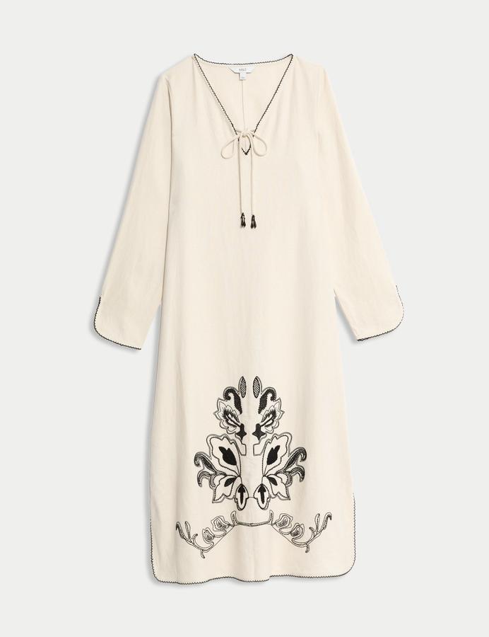 Linen Rich Embroidered Midi Shift Dress