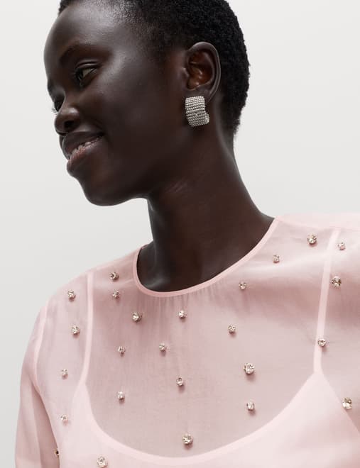 Organza Embellished Round Neck Top