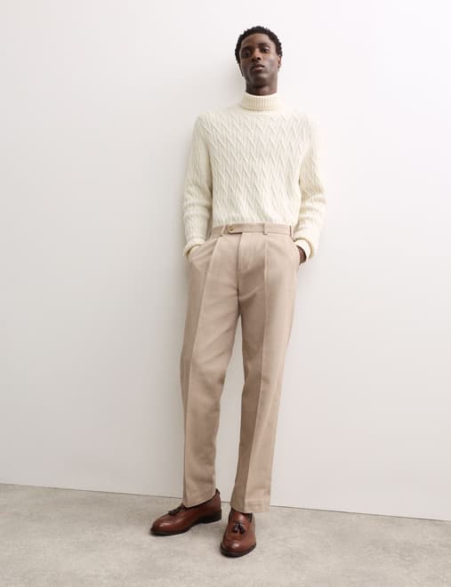 Pure Cotton Tapered Fit Pleated Twill Trousers
