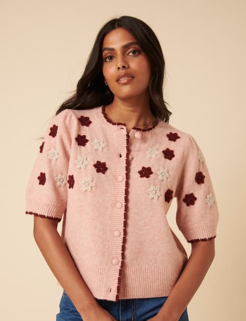 Pink Floral Yoke Embroidered Short Sleeve Cardigan