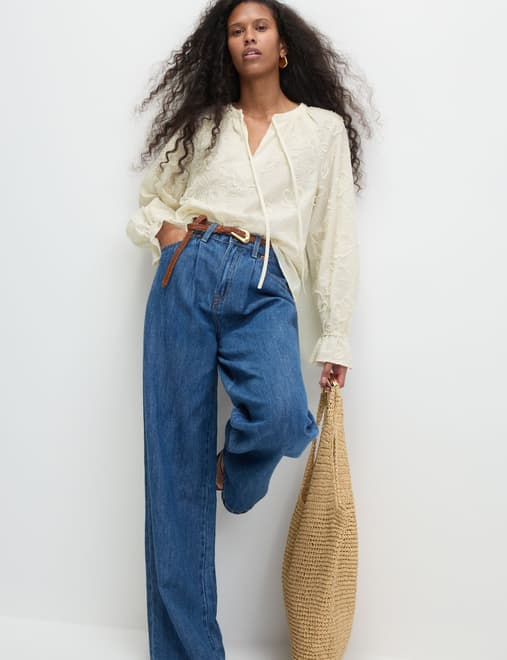 Pure Cotton Appliqué Tie Neck Blouse