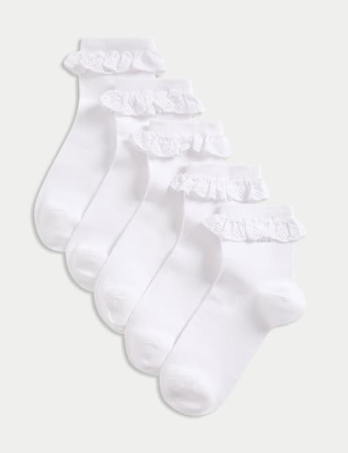 5pk Cotton Rich Broderie Frill School Socks