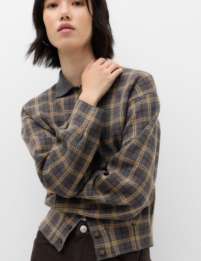Checked Collared Button Front Cardigan with Wool