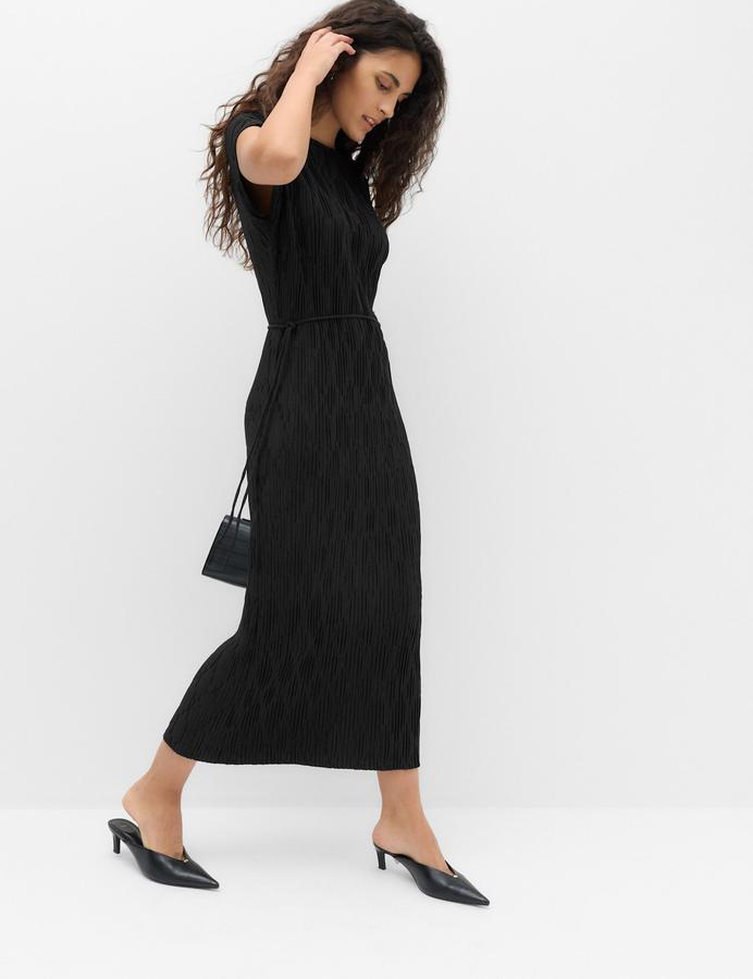Plisse Tie Waist Midi Column Dress