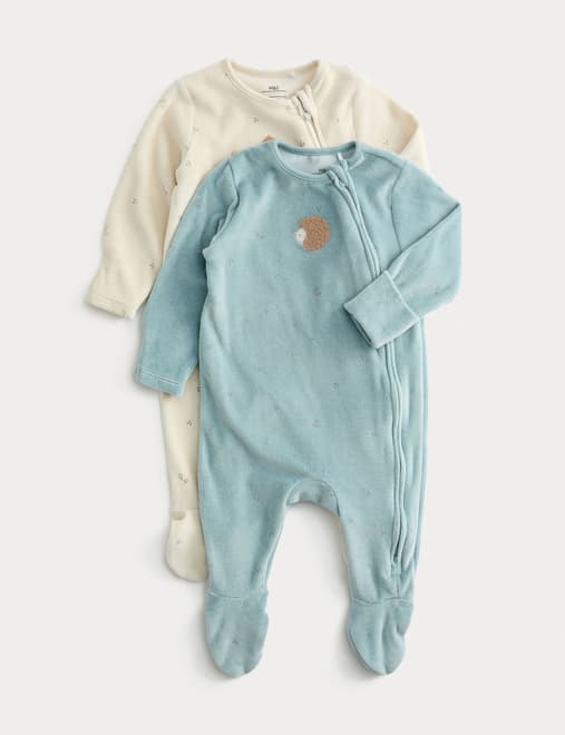 2pk Cotton Rich Velour Sleepsuits (0-3 Yrs)