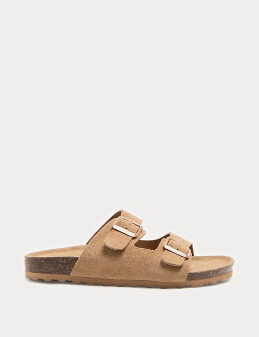 Suede Buckle Footbed Mules