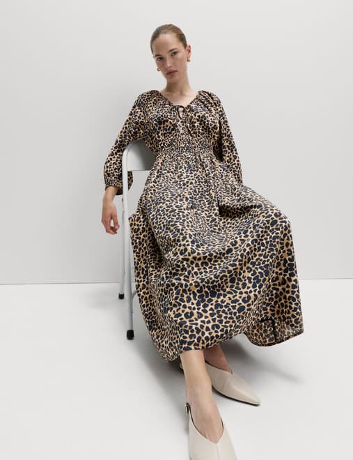 Animal Print V-Neck Ruched Midi Waisted Dress