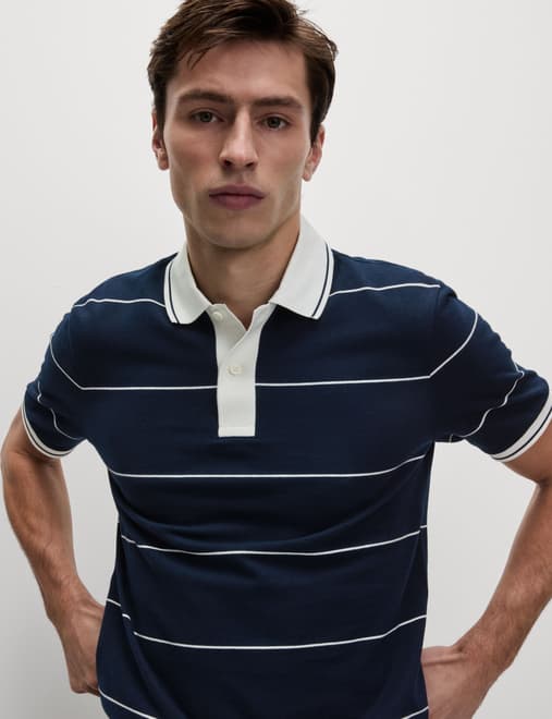 Pure Cotton Pique Striped Polo Shirt
