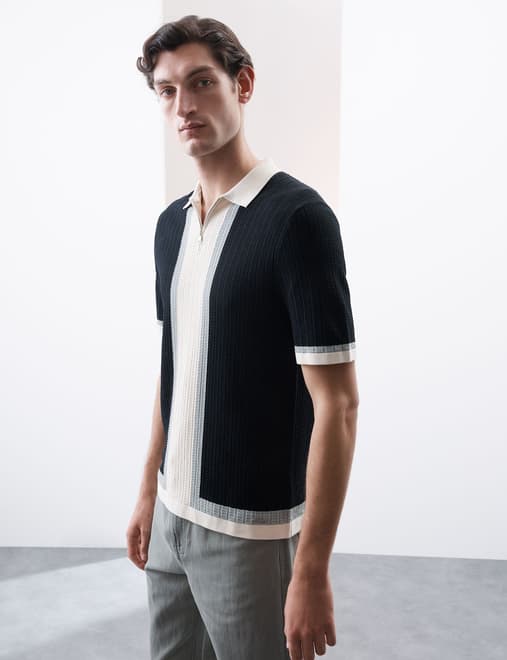 Mercerised Cotton Colour Block Knitted Polo Shirt