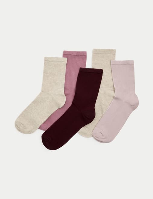 5pk Cotton Rich Ribbed Ankle High Socks