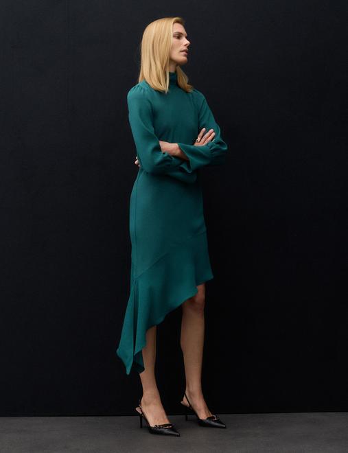 Satin Crepe Asymmetric Midi Waisted Dress