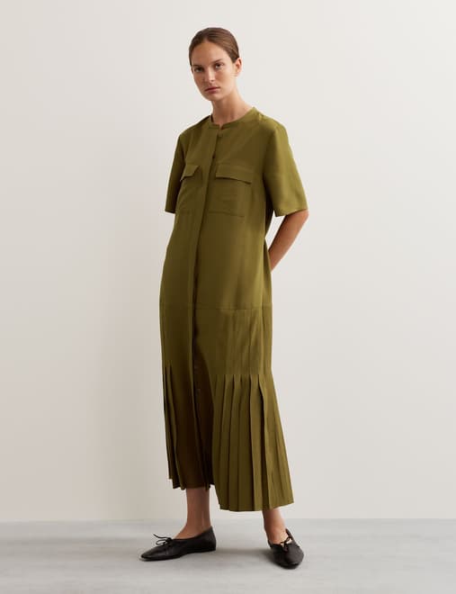 Herringbone Collarless Tie Waist Pleated Midi Shirt Dress