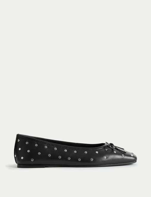 Leather Studded Square Toe Ballet Pump