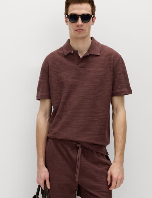 Cotton Rich Notch Neck Boucle Polo Shirt