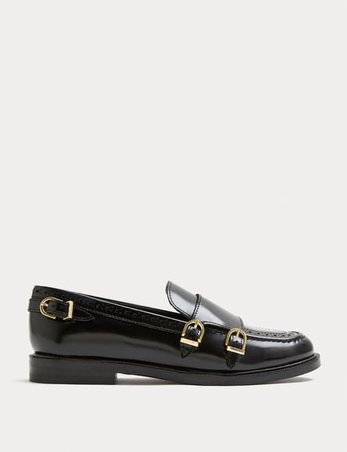 Leather Brogue Detail Buckle Flat Loafers