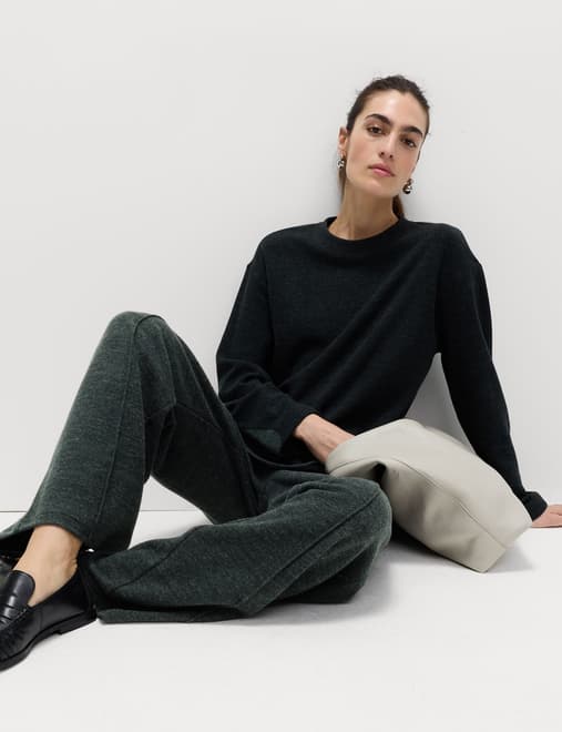 Cotton Blend Cosy Rib Pintuck Wide Leg Trousers