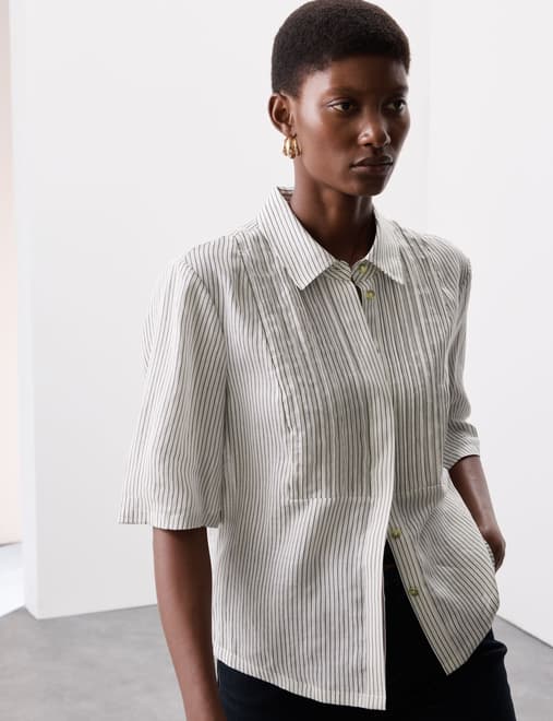 Pure Ramie Striped Pintuck Shirt