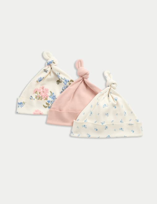 3pk Pure Cotton Floral Hats (0-12 Mths)