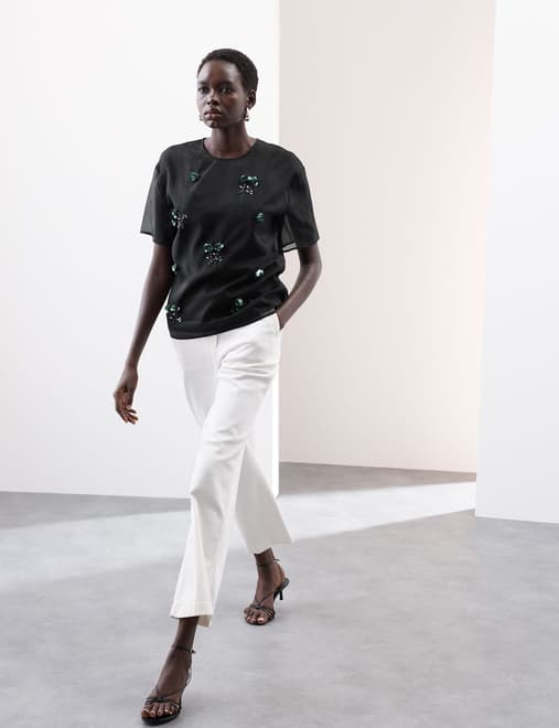 Organza Floral Embellished Round Neck Top