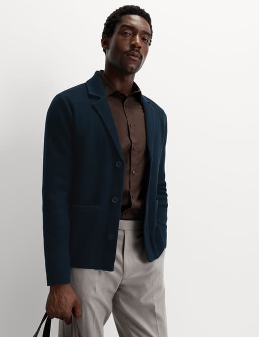 Cotton Blend Cuban Collar Knitted Blazer