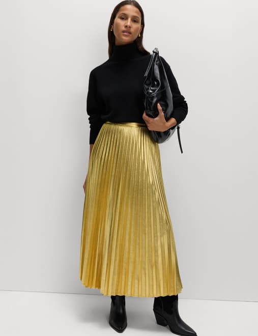 Metallic Gold Pleated Midi Skirt
