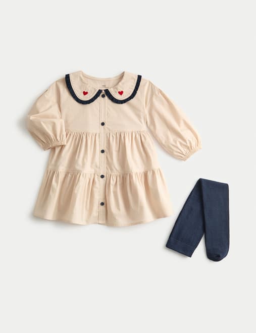 Pure Cotton Heart Collar Dress with Tights (0-6 Yrs)