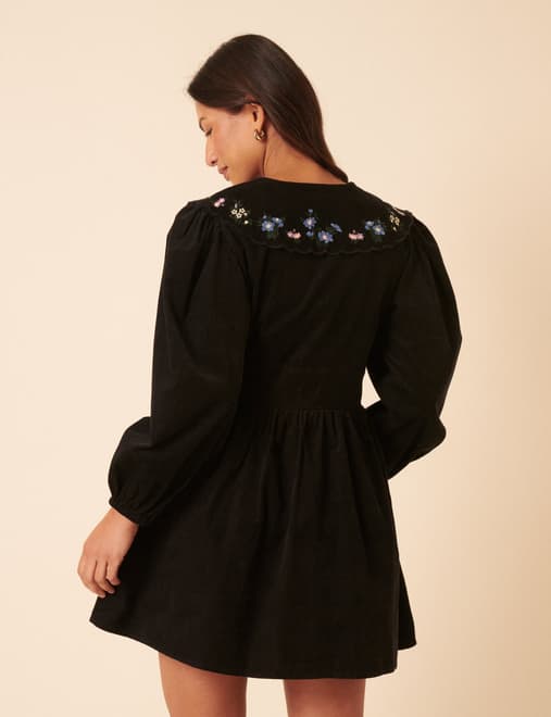 Black Floral Embroidered Cord Birdie Mini Dress