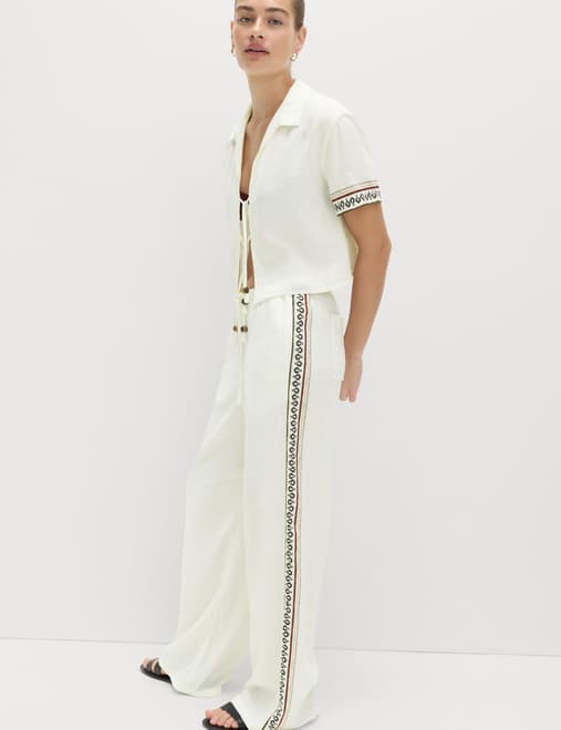 Linen Rich Side Detail Wide Leg Trousers