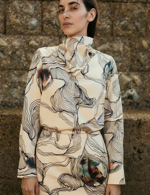 Silk Blend Oyster Print Cowl Neck Top