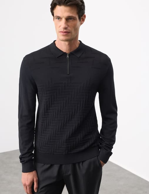 Mercerised Cotton Geometric Half Zip Polo