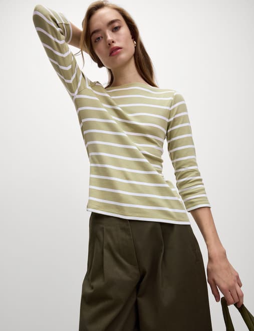 Pure Cotton Striped Slash Neck Slim Fit Top