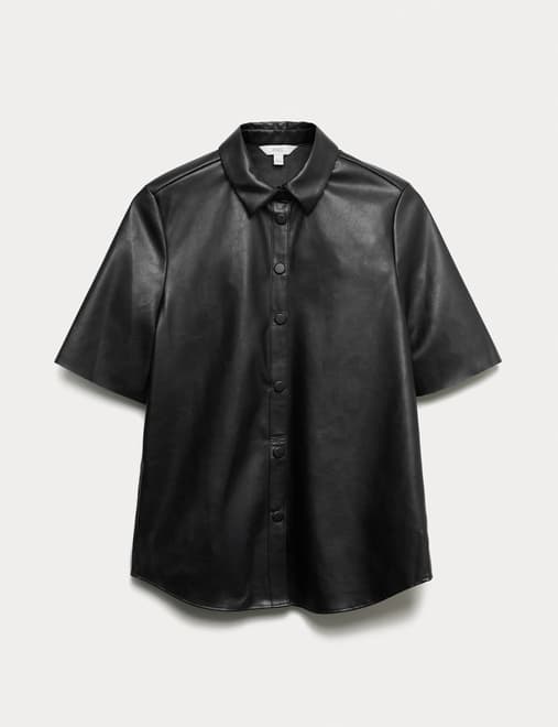 Faux Leather Collared Button Through Shirt