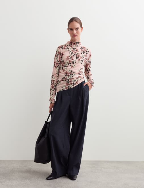 Merino Wool Rich Floral Funnel Neck Top