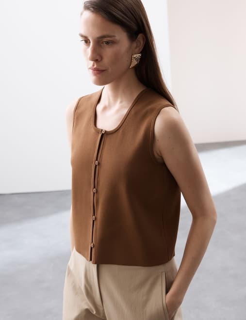 Scoop Neck Button Through Knitted Vest