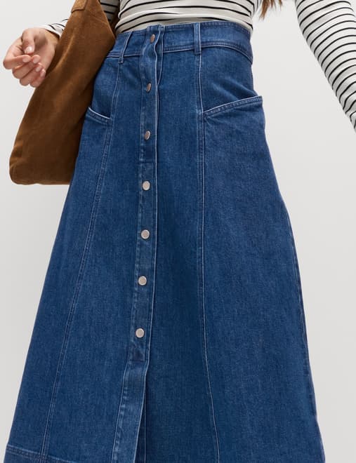 Denim Button Front Midi Circle Skirt