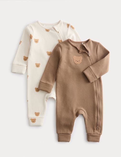 Cotton Blend Bear Cosy Rib Sleepsuits (0-3 Yrs)