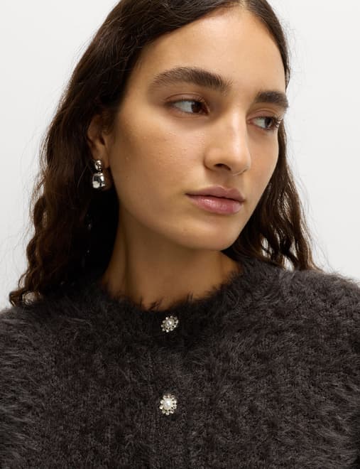 Textured Embellished Button Through Cardigan