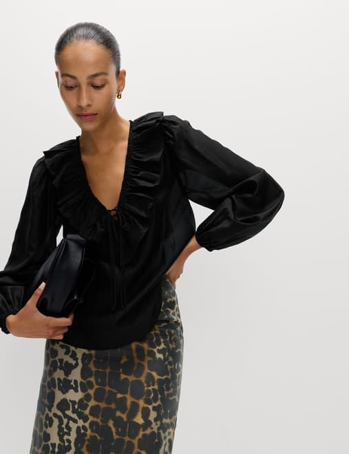 Lyocell Rich Frill Detail V-Neck Top