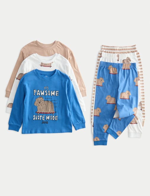 3 Pack Pure Cotton Dog Graphic Pyjamas (1-8 Yrs)