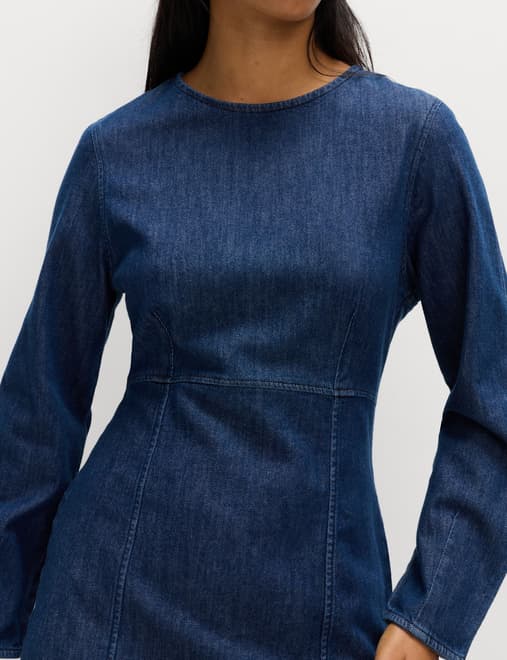 Cotton Rich Denim Round Neck Mini Shift Dress