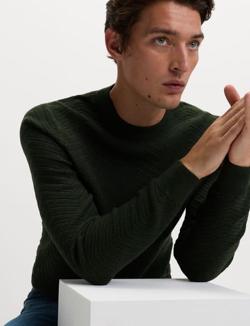 Cotton Blend Herringbone Crew neck Jumper