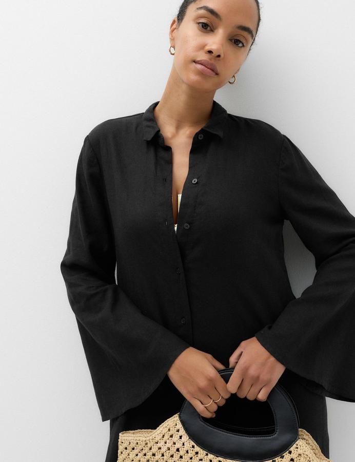 Linen Rich Palm Tree Collared Midi Shirt Dress