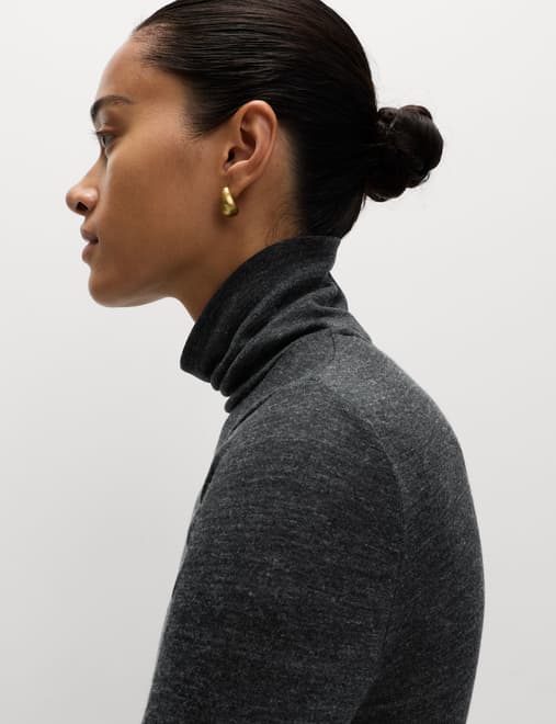 Funnel Neck Long Sleeve Slim Fit Top with Wool