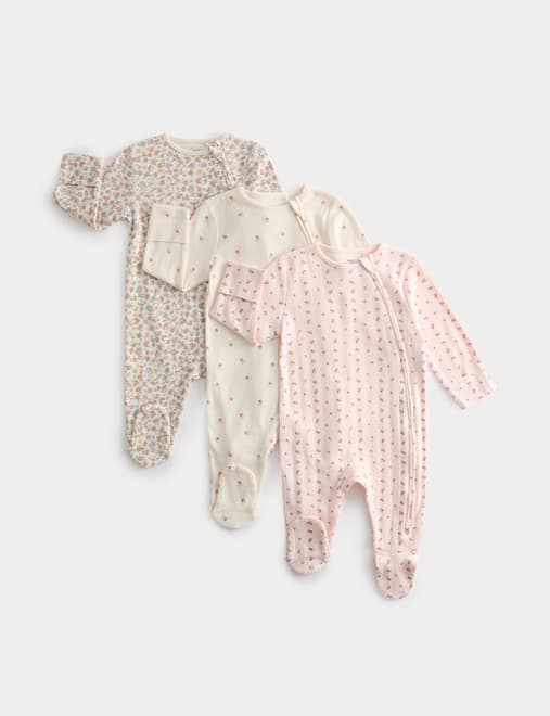 3pk Pure Cotton Floral Sleepsuits (0-3 Yrs)