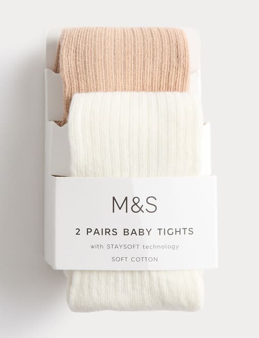 2pk Cotton Rich Ribbed Tights (0-3 Yrs)