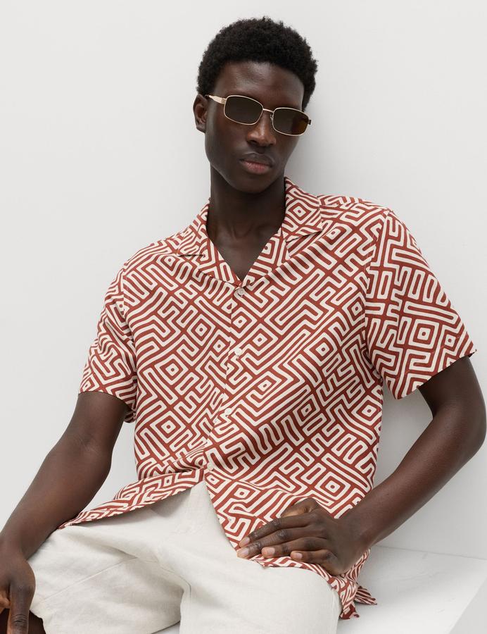 Easy Iron Linen Blend Geometric Short Sleeve Shirt